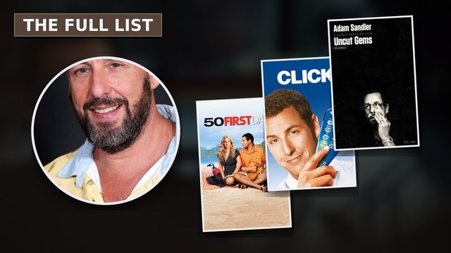 Adam Sandler, with posters of 50 First Dates, Click and Uncut Gems