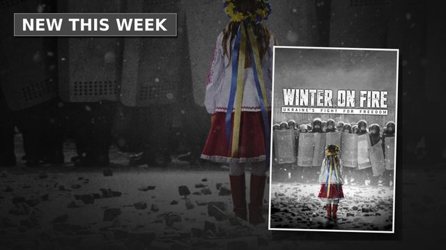 A scene from Winter on Fire: Ukraine's Fight for Freedom, with its poster